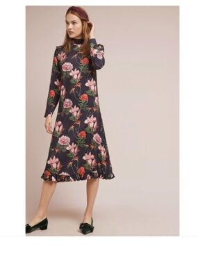 Just Female Anthropologie | Margot Floral Midi Dress Long Sleeves Gray Large